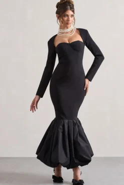 London | Black Sweetheart Maxi Dress With Volume Hem