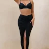 Longing | Black Ruched Chiffon Split Maxi Skirt With Drawstrings