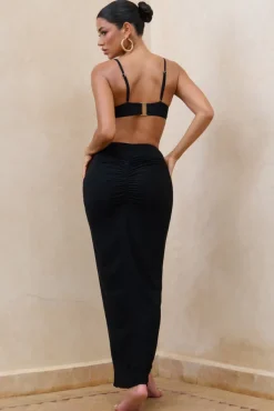 Longing | Black Ruched Chiffon Split Maxi Skirt With Drawstrings