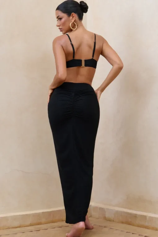Longing | Black Ruched Chiffon Split Maxi Skirt With Drawstrings