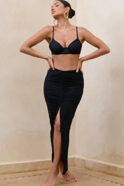 Longing | Black Ruched Chiffon Split Maxi Skirt With Drawstrings