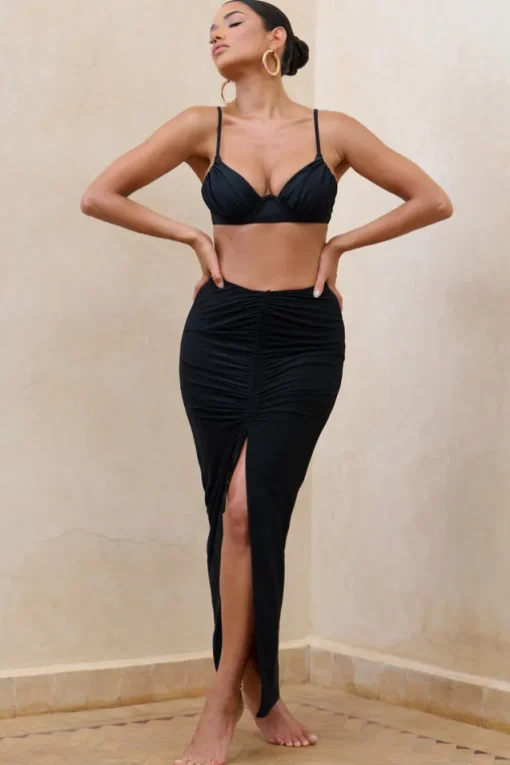 Longing | Black Ruched Chiffon Split Maxi Skirt With Drawstrings
