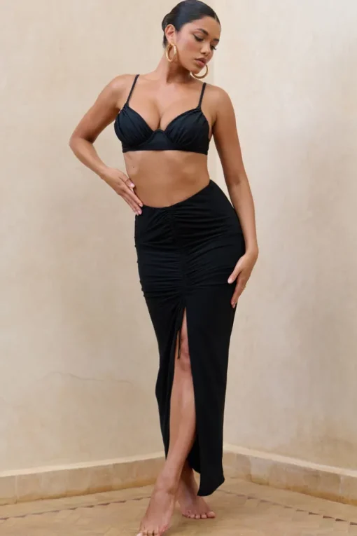 Longing | Black Ruched Chiffon Split Maxi Skirt With Drawstrings