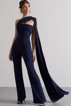 Lorah | Navy One Shoulder Wide-Leg Jumpsuit With Sash