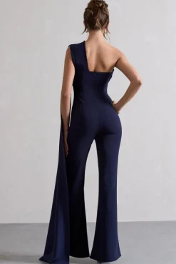 Lorah | Navy One Shoulder Wide-Leg Jumpsuit With Sash
