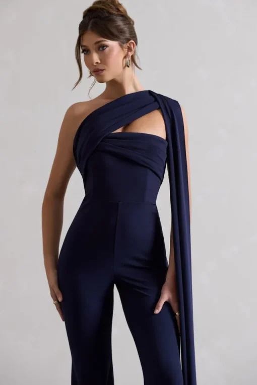 Lorah | Navy One Shoulder Wide-Leg Jumpsuit With Sash