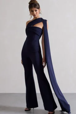 Lorah | Navy One Shoulder Wide-Leg Jumpsuit With Sash