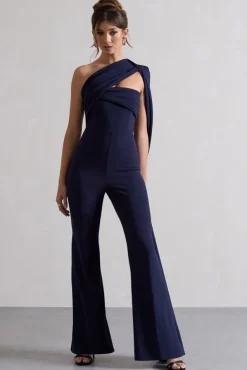 Lorah | Navy One Shoulder Wide-Leg Jumpsuit With Sash