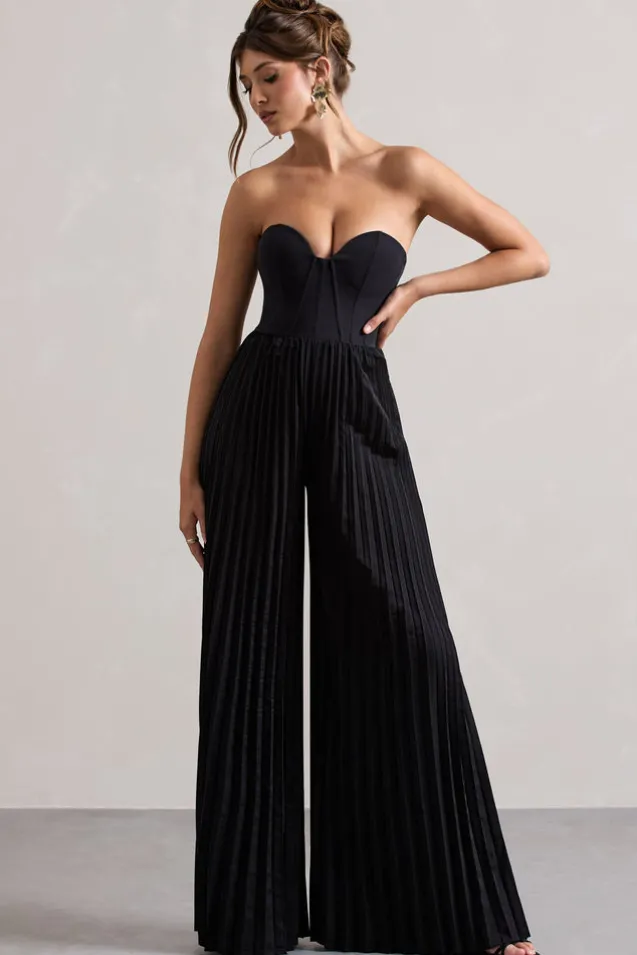 Lorelai | Black Corset Plisse Wide-Leg Jumpsuit