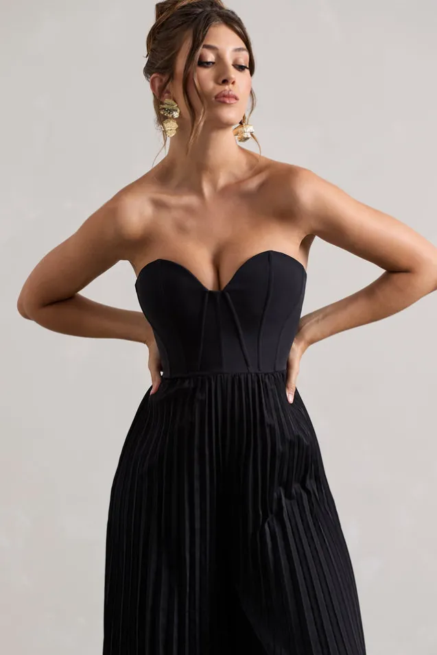 Lorelai | Black Corset Plisse Wide-Leg Jumpsuit