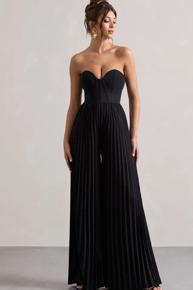 Lorelai | Black Corset Plisse Wide-Leg Jumpsuit