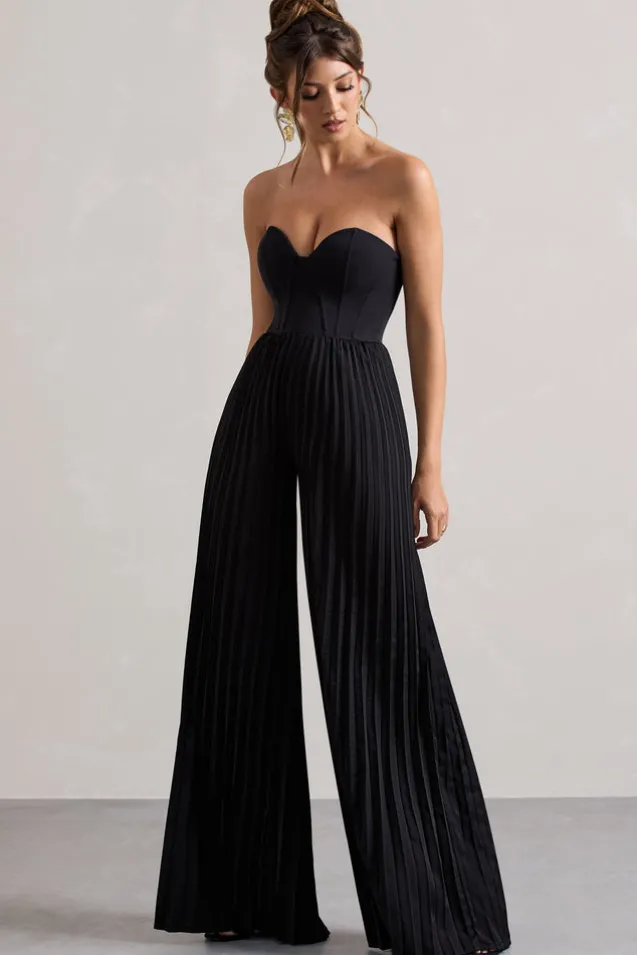 Lorelai | Black Corset Plisse Wide-Leg Jumpsuit