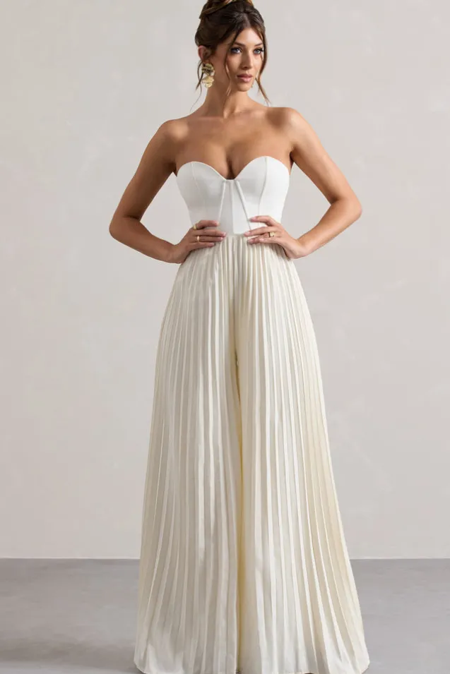 Lorelai | Cream Corset Plisse Wide-Leg Jumpsuit