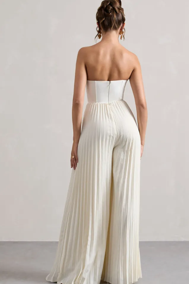 Lorelai | Cream Corset Plisse Wide-Leg Jumpsuit