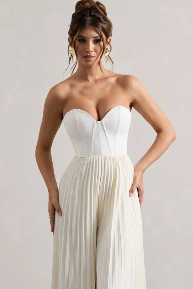 Lorelai | Cream Corset Plisse Wide-Leg Jumpsuit