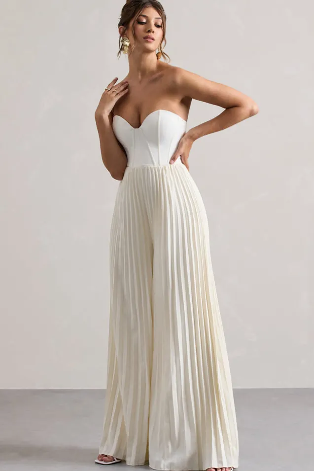 Lorelai | Cream Corset Plisse Wide-Leg Jumpsuit