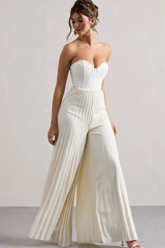 Lorelai | Cream Corset Plisse Wide-Leg Jumpsuit