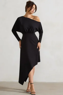 Lori | Black Asymmetric Long-Sleeve Maxi Dress