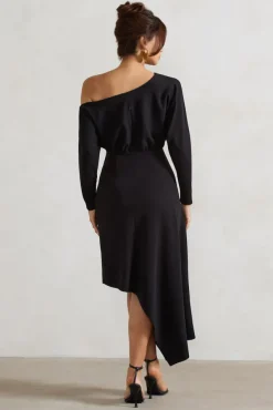 Lori | Black Asymmetric Long-Sleeve Maxi Dress