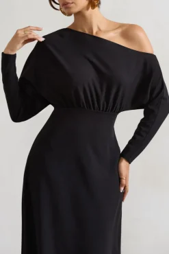 Lori | Black Asymmetric Long-Sleeve Maxi Dress