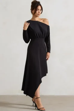 Lori | Black Asymmetric Long-Sleeve Maxi Dress