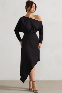 Lori | Black Asymmetric Long-Sleeve Maxi Dress