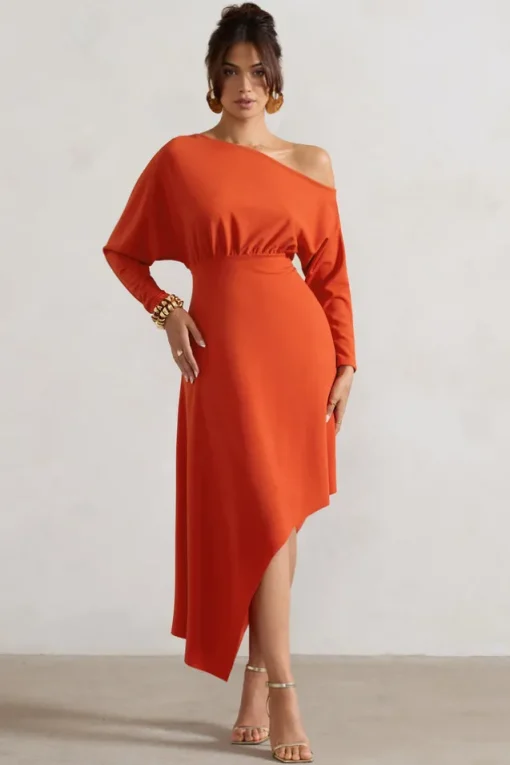 Lori | Orange Asymmetric Long-Sleeve Maxi Dress