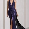 Lost | Purple Metallic Halter-Neck Cut-Out Split Maxi Dress With Drape