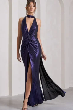 Lost | Purple Metallic Halter-Neck Cut-Out Split Maxi Dress With Drape