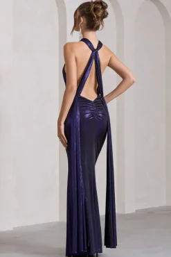 Lost | Purple Metallic Halter-Neck Cut-Out Split Maxi Dress With Drape