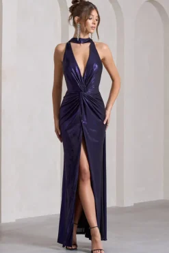 Lost | Purple Metallic Halter-Neck Cut-Out Split Maxi Dress With Drape