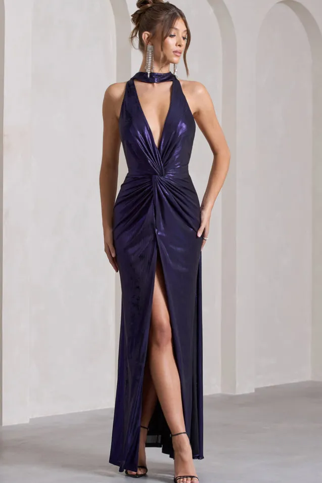 Lost | Purple Metallic Halter-Neck Cut-Out Split Maxi Dress With Drape