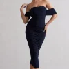 Lost For Words | Navy Bardot Ruched Draped Midi Dress