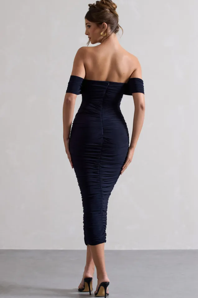 Lost For Words | Navy Bardot Ruched Draped Midi Dress
