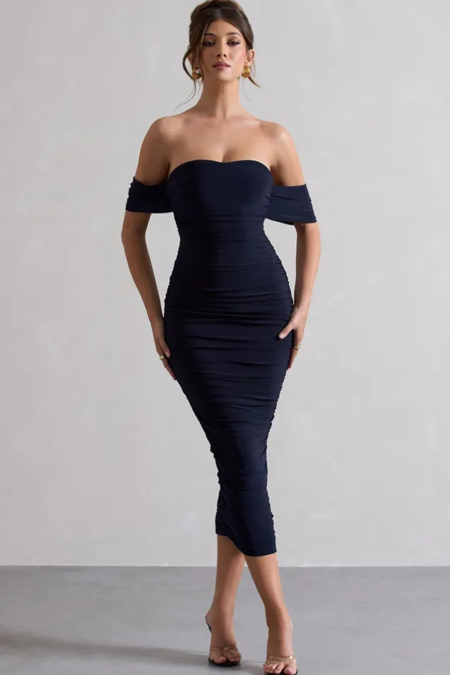 Lost For Words | Navy Bardot Ruched Draped Midi Dress