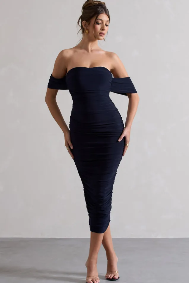 Lost For Words | Navy Bardot Ruched Draped Midi Dress