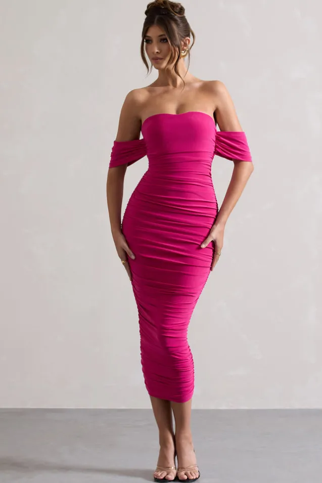 Lost For Words | Pink Bardot Ruched Draped Midi Dress