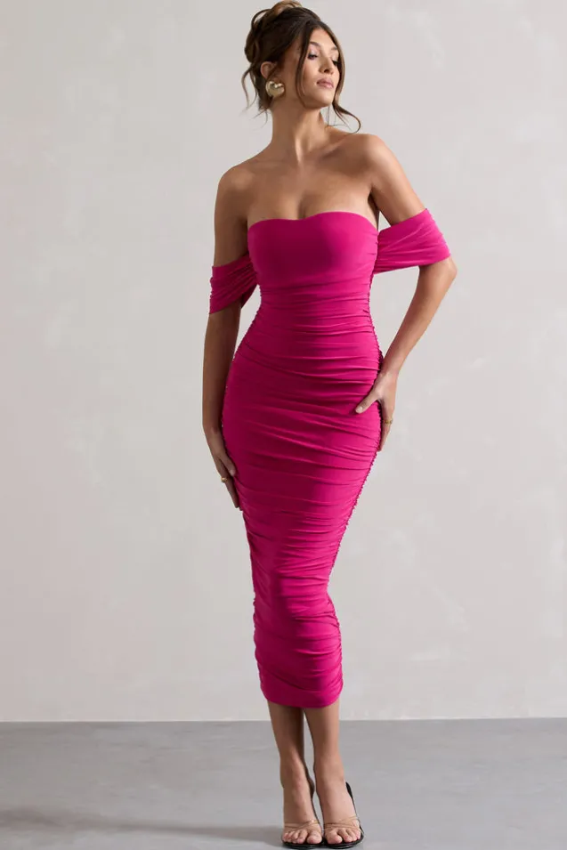 Lost For Words | Pink Bardot Ruched Draped Midi Dress