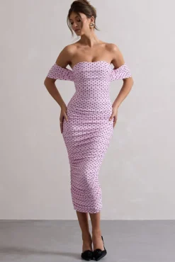 Lost For Words | Pink Polka Dot Bardot Ruched Draped Midi Dress