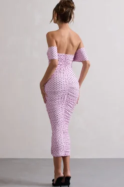 Lost For Words | Pink Polka Dot Bardot Ruched Draped Midi Dress