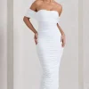 Lost For Words | White Bardot Ruched Draped Midi Dress