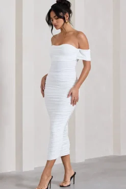 Lost For Words | White Bardot Ruched Draped Midi Dress