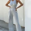 Lotus Flower | Stone Grey Tie Front Wide Leg Trousers