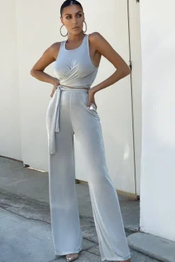 Lotus Flower | Stone Grey Tie Front Wide Leg Trousers