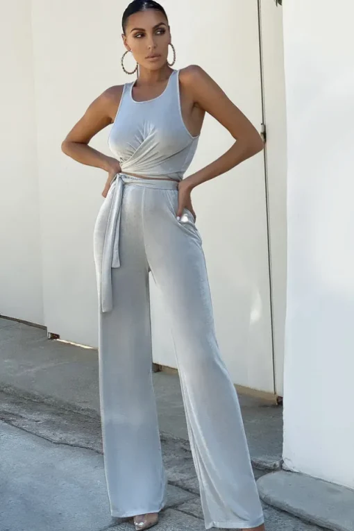 Lotus Flower | Stone Grey Tie Front Wide Leg Trousers