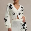 Louvre | Cream u0026 Black Knit Cropped Floral Cardigan
