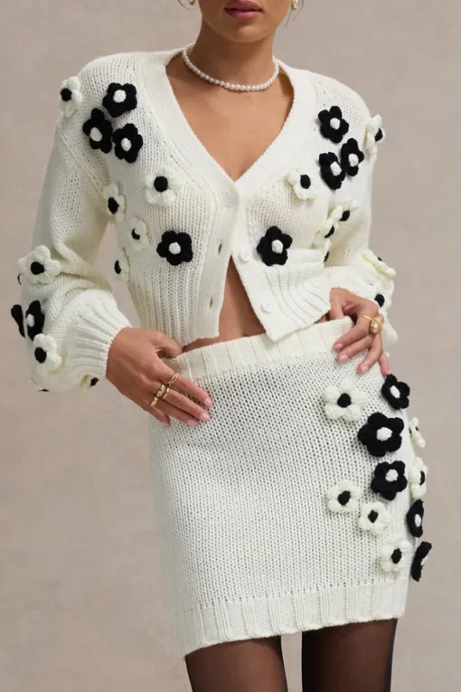 Louvre | Cream u0026 Black Knit Cropped Floral Cardigan
