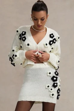 Louvre | Cream u0026 Black Knit Cropped Floral Cardigan