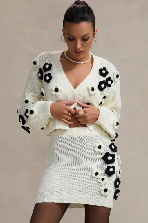 Louvre | Cream u0026 Black Knit Cropped Floral Cardigan