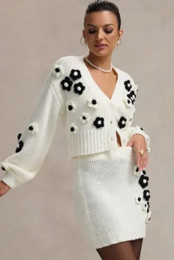 Louvre | Cream u0026 Black Knit Cropped Floral Cardigan